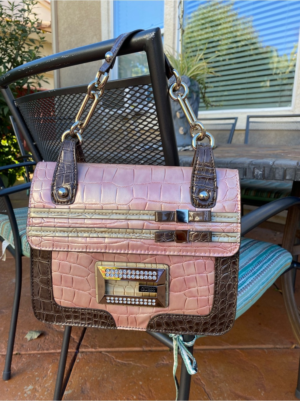 Women's Pink Croc-Embossed Shoulder Bag with Brown Trim